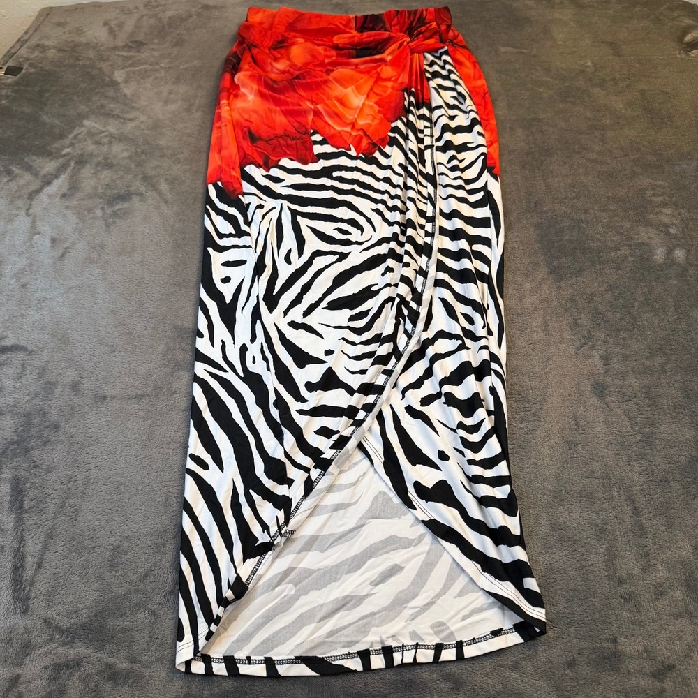 Venus Zebra Floral Maxi Skirt Womens Medium Red Black‎ White Faux Wrap Knot